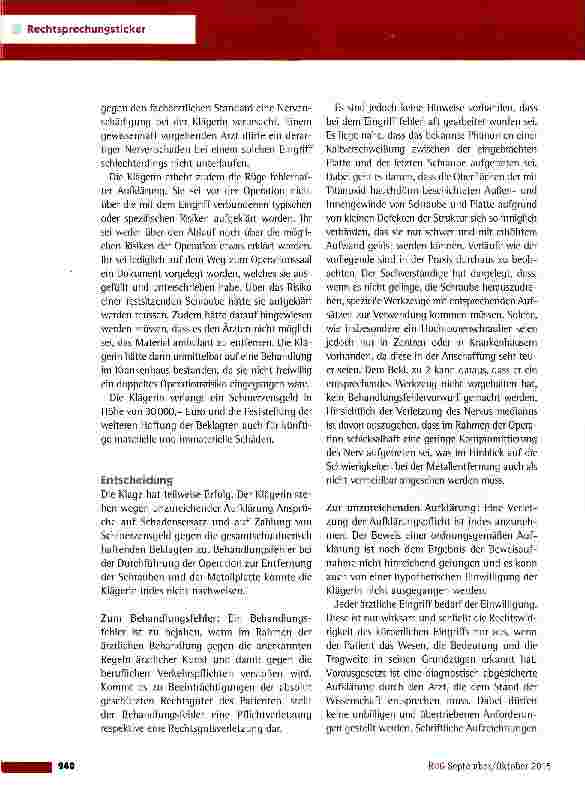 Vorschauseite 2: Umfang der Aufklärungspflicht bei der Entfernung von Osteosynthesematerial LG Heidelberg vom 22.4.2015 (4 0 221/13)