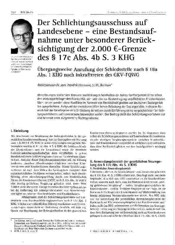 Vorschauseite 1: Der Schlichtungsausschuss auf Landesebene - eine Bestandsauf-nahme unter besonderer Berücksichtigung der 2. 000 €-Grenze des§ 17c Abs. 4b S. 3 KHG