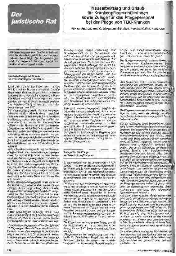 Vorschauseite 1: Hausarbeitstag und Urlaub für Krankenpflegeschülerinnen sowie Zulage für das Pflegepersonal bei der Pflege von TBC-Kranken