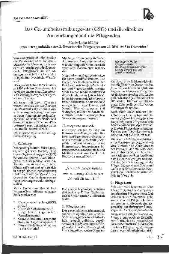 Vorschauseite 1: Das Gesundheitsstrukturgesetz und die direkten Auswirkungen auf die Pflegenden Festvortrag anläßlich des 2. Düsseldorfer Pflegetages am 24. Mai 1995 in Düsseldorf