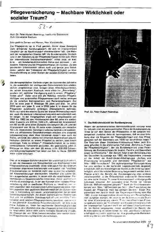 Vorschauseite 1: Pflegeversicherung - Machbare Wirklichkeit oder sozialer Traum?