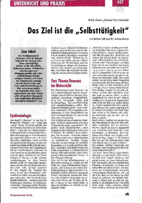 Vorschauseite 1: Das Ziel ist die Selbsttätigkeit Das Thema Demenz im Unterricht