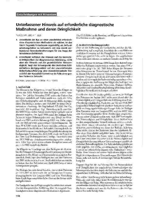 Vorschauseite 1: Unterlassener Hinweis auf erforderliche diagnostische Maßnahme und deren Dringlichkeit BGB §§ 249, 280, 611, 823