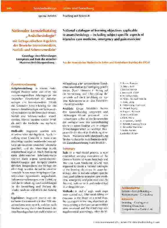 Vorschauseite 1: Nationaler Lernzielkatalog „Anästhesiologie mit fachspezifischen Aspekten der Bereiche Intensivmedizin, Notfallund Schmerzmedizin