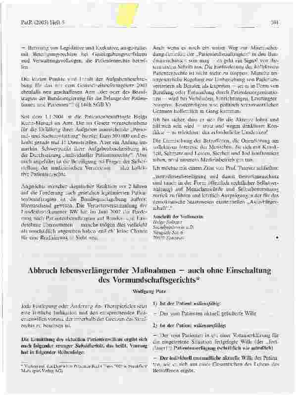 Vorschauseite 1: Abbruch lebensverlängernder Maßnahmen - auch ohne Einschaltung des Vormundschaftsgerichts
