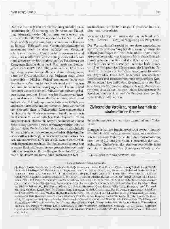 Vorschauseite 3: Abbruch lebensverlängernder Maßnahmen - auch ohne Einschaltung des Vormundschaftsgerichts