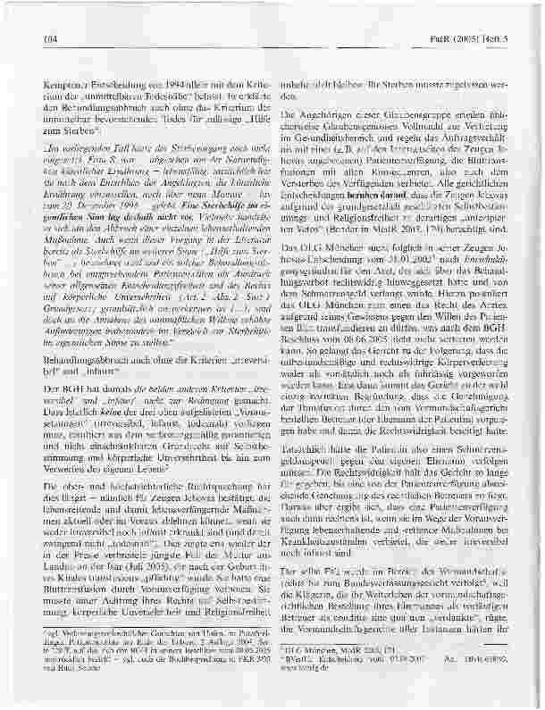 Vorschauseite 4: Abbruch lebensverlängernder Maßnahmen - auch ohne Einschaltung des Vormundschaftsgerichts