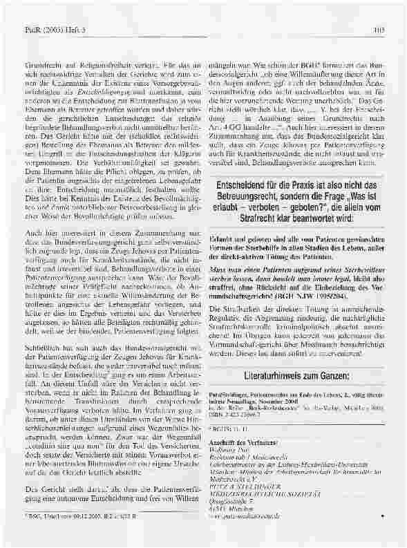 Vorschauseite 5: Abbruch lebensverlängernder Maßnahmen - auch ohne Einschaltung des Vormundschaftsgerichts