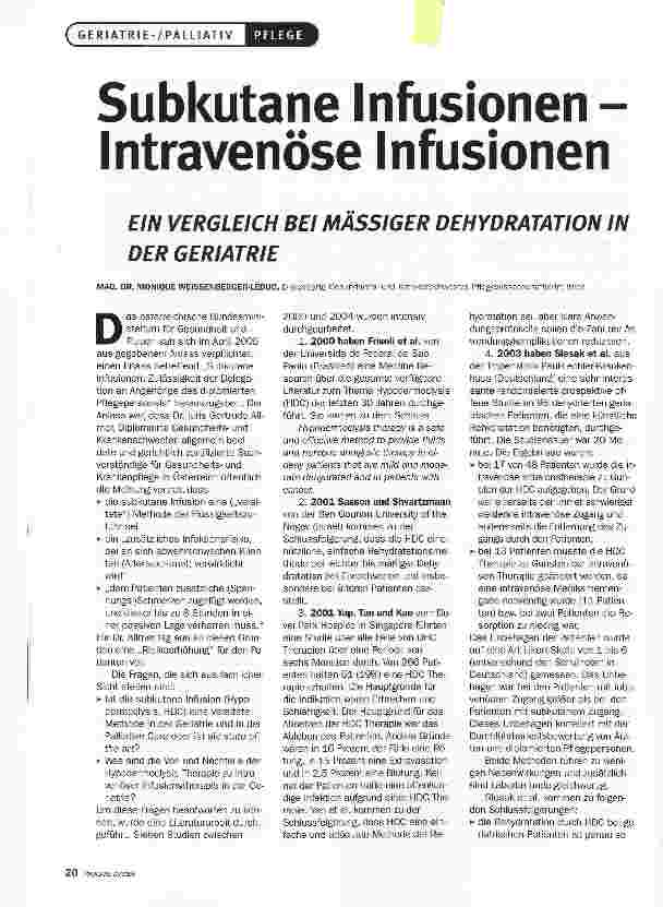 Vorschauseite 1: Subkutane Infusionen -Intravenöse InfusionenEIN VERGLEICH BEI MASSIGER DEHYDRATATION IN DER GERIATRIE