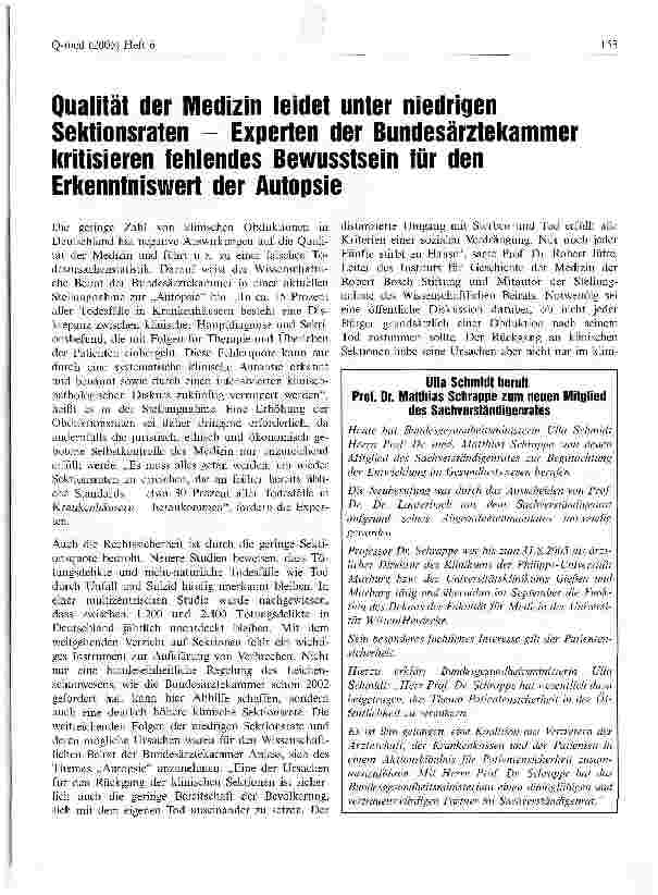Vorschauseite 1: Qualität der Medizin leidet unter niedrigen Sektionsraten - Experten der Bundesärztekammer kritisieren fehlendes Bewusstsein für den Erkenntniswert der Autopsie