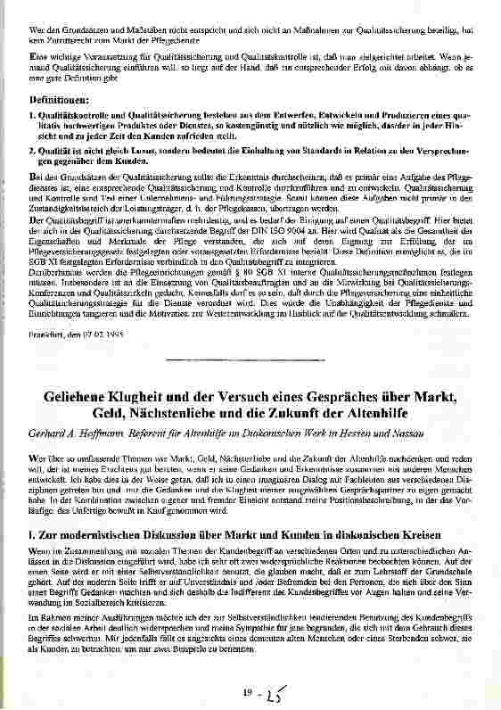 Vorschauseite 1: Geliehene Klugheit und der Versuch eines Gespräches über Markt, Geld, Nächstenliebe und die Zukunft der Altenhilfe