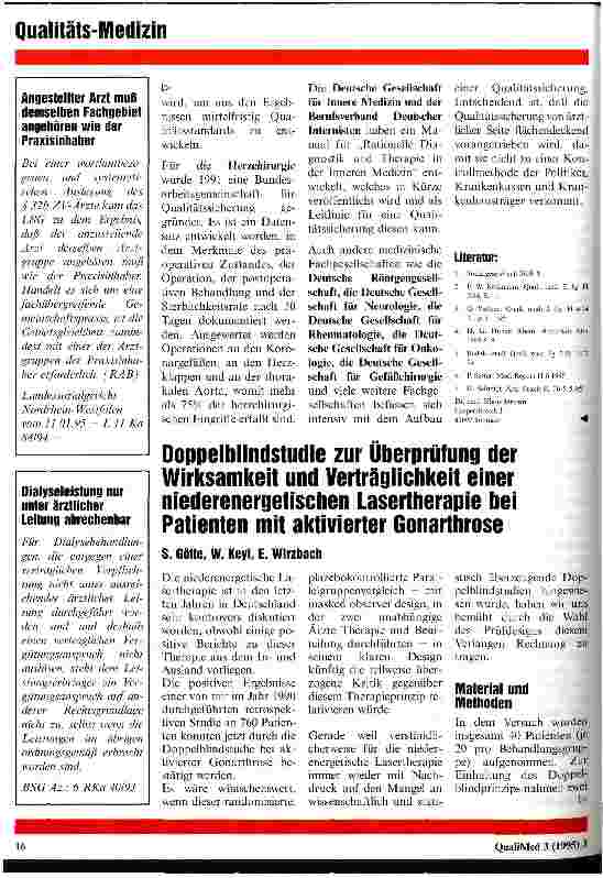 Vorschauseite 1: Doppelblindstudie zur Überprüfung der Wirksamkeit und Verträglichkeit einer niederenergetischen Lasertherapie bei Patienten mit aktivierter Gonarthrose