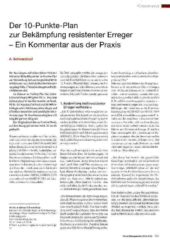 Vorschauseite 1: Der 10-Punkte-Plan zur Bekämpfung resistenter Erreger - Ein Kommentar aus der Praxis