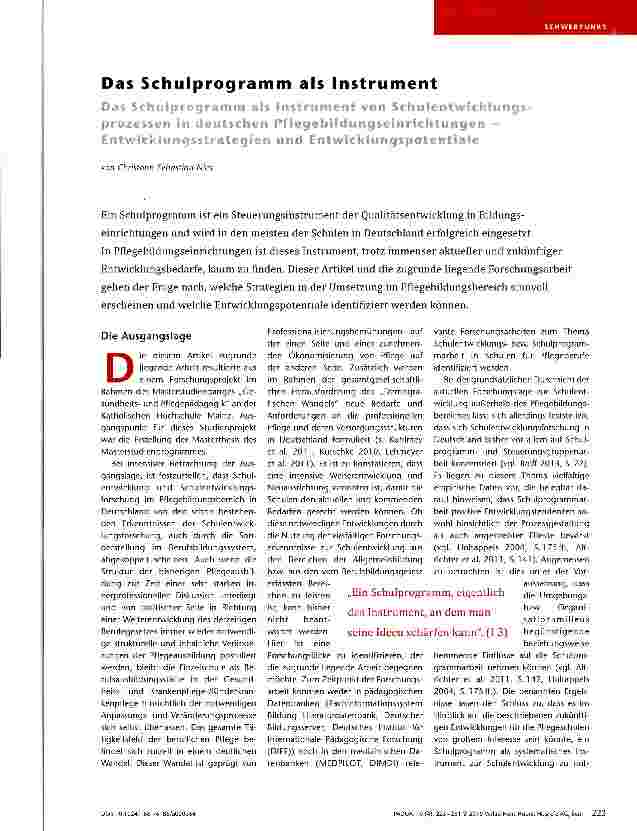 Vorschauseite 1: Das Schulprogramm als InstrumentDas Schulprogramm als Instrument von Schulentwicklungsprozessen in deutschen Pflegebildungseinrichtungen