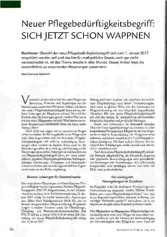 Vorschauseite 1: Neuer Pflegebedürftigkeitsbegriff: SICH JETZT SCHON WAPPNEN