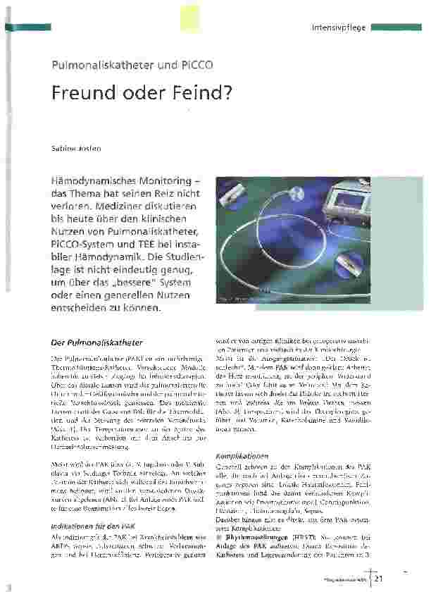 Vorschauseite 1: Pulmonaliskatheter und PiCCOFreund oder Feind?