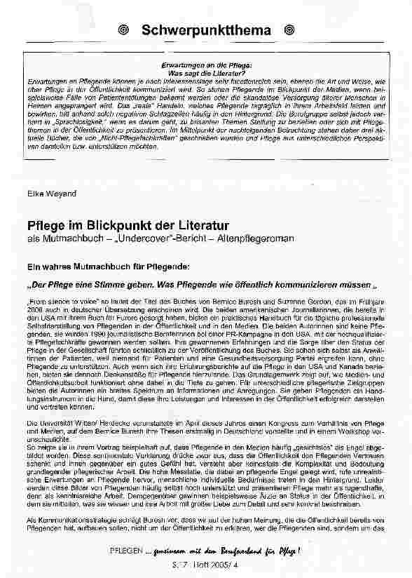 Vorschauseite 1: Pflege im Blickpunkt der Literatur