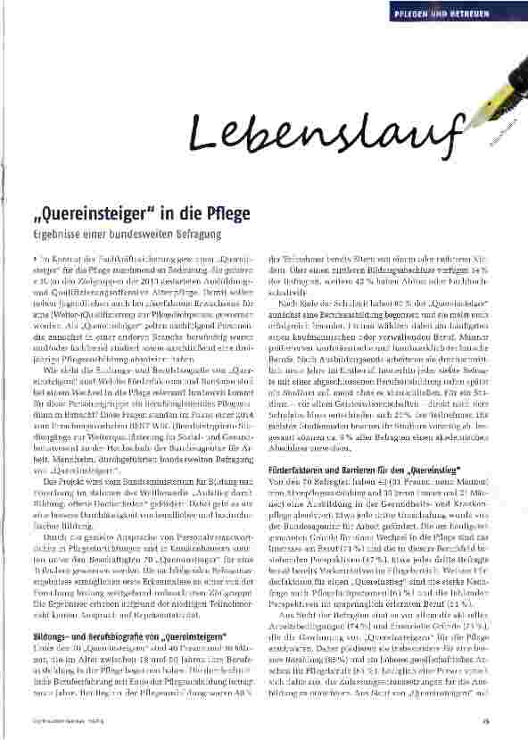 Vorschauseite 1: „Quereinsteiger in die Pflege Ergebnisse einer bundesweiten Befragung