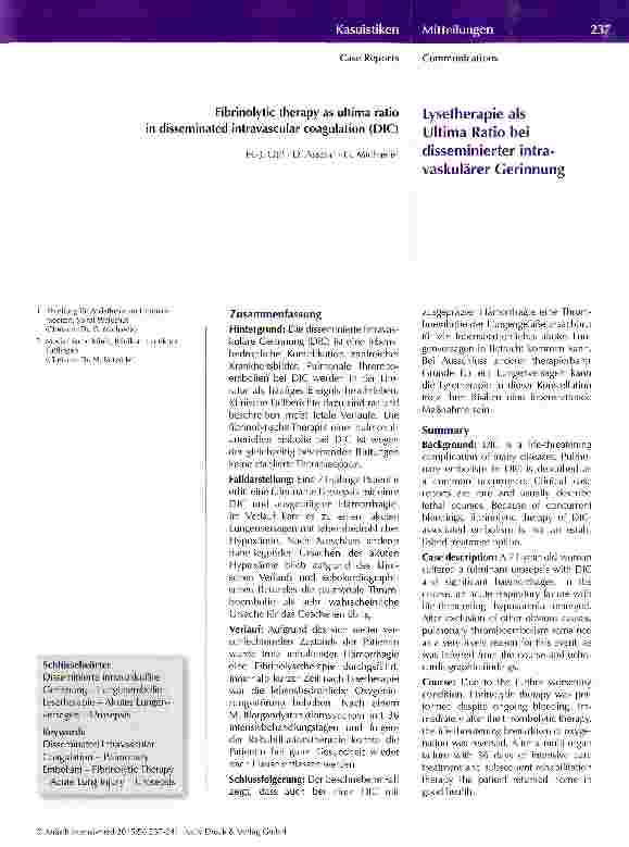 Vorschauseite 1: Lysetherapie als Ultima Ratio bei disseminierter intra-vaskulärer Gerinnung