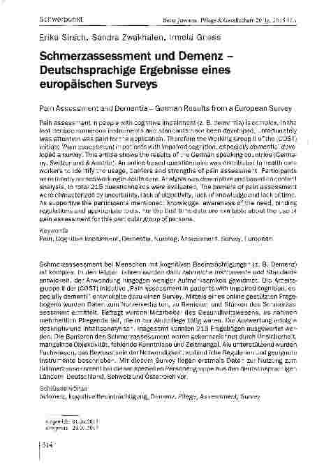 Vorschauseite 1: Schmerzassessment und Demenz -Deutschsprachige Ergebnisse eines europäischen Surveys