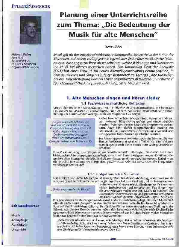 Vorschauseite 1: Planung einer Unterrichtsreihe zum Thema: Die Bedeutung der Musik für alte Menschen