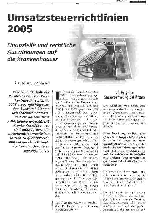 Vorschauseite 1: Umsatzsteuerrichtlinien 2005. Finanzielle und rechtliche Auswirkungen auf die Krankenhäuser
