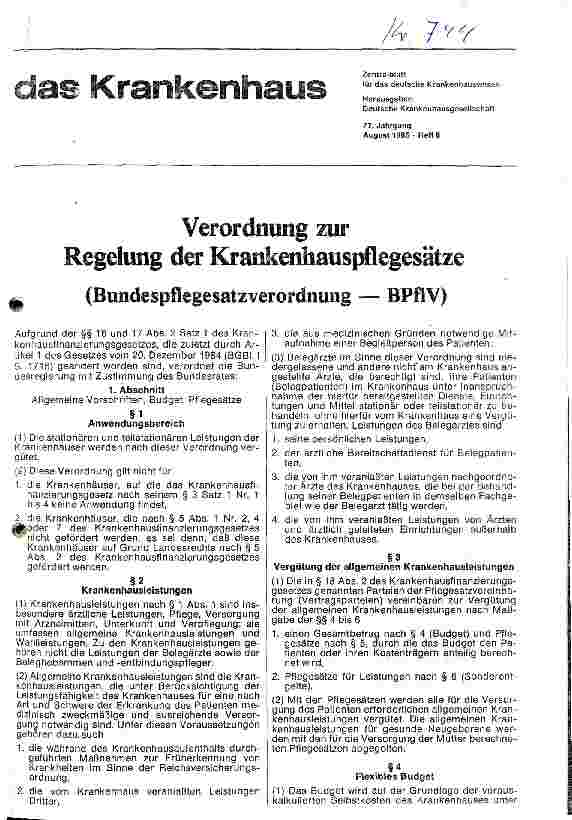 Vorschauseite 1: Verordnung zur Regelung der Krankenhauspflegesätze, Bundespflegesatzverordnung