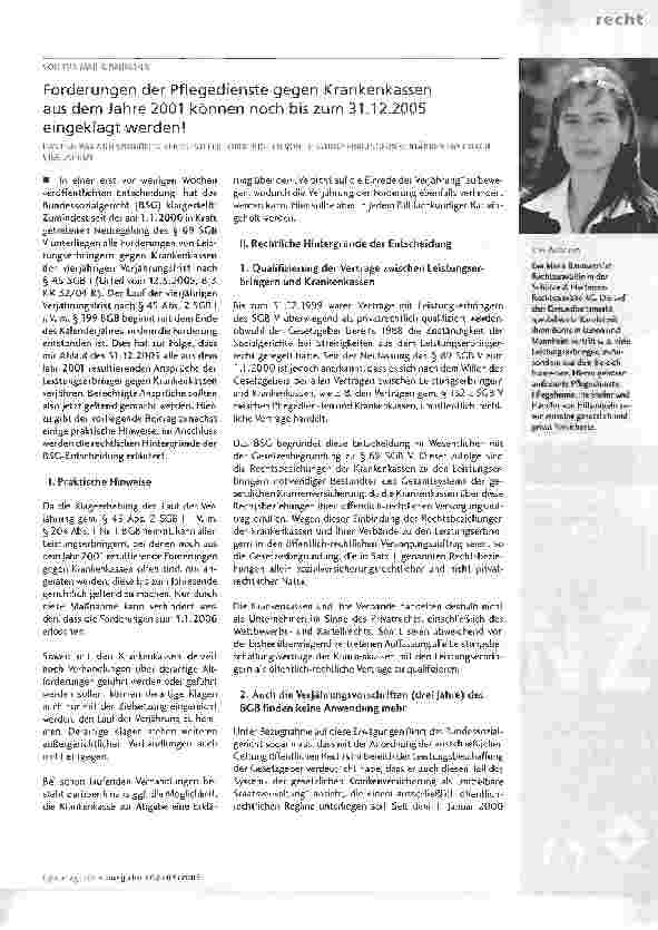 Vorschauseite 1: Forderungen der Pflegedienste gegen Krankenkassen aus dem Jahre 2001 können noch bis zum 31.12.2005 eingeklagt werden!