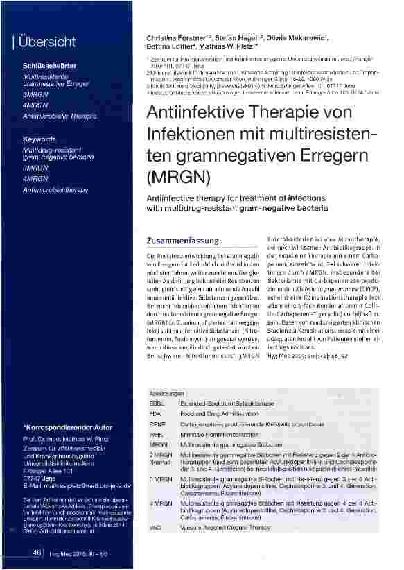 Vorschauseite 1: Antiinfektive Therapie von Infektionen mit multiresistenten gramnegativen Erregern (MRGN)