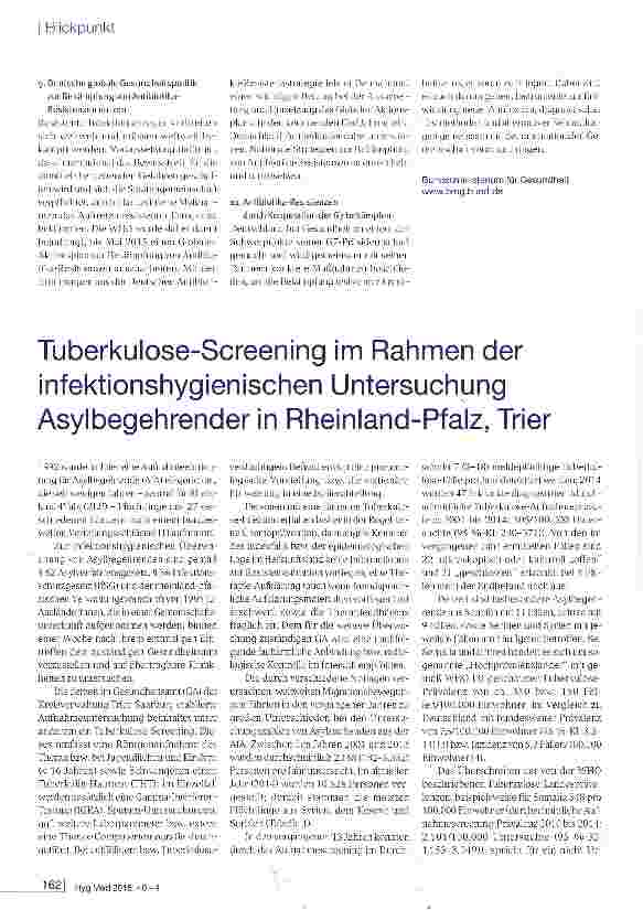 Vorschauseite 1: Tuberkulose-Screening im Rahmen der infektionshygienischen Untersuchung Asylbegehrender in Rheinland-Pfalz, Trier