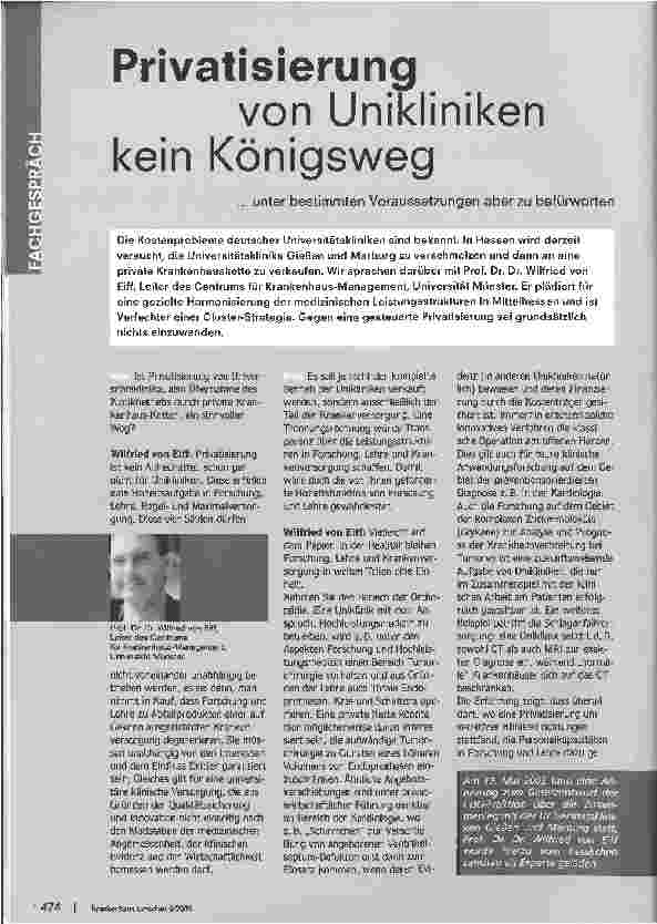 Vorschauseite 1: Privatisierung von Unikliniken kein Königsweg