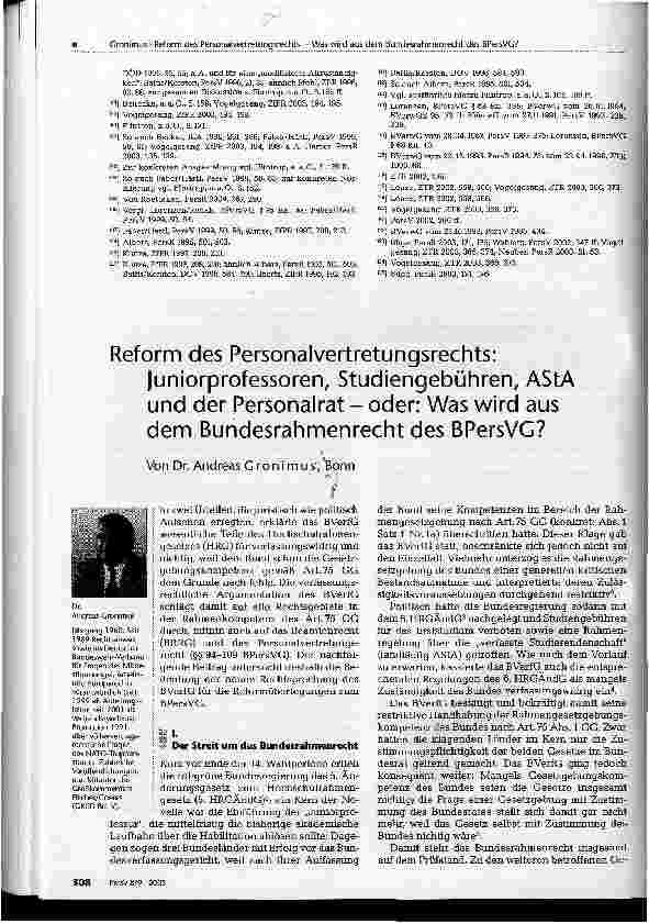 Vorschauseite 1: Reform des Personalvertretungsrechts: Juniorprofessoren, Studiengebühren, AStA und der Personalrat - oder: Was wird aus dem Bundesrahmenrecht des BPersVG?