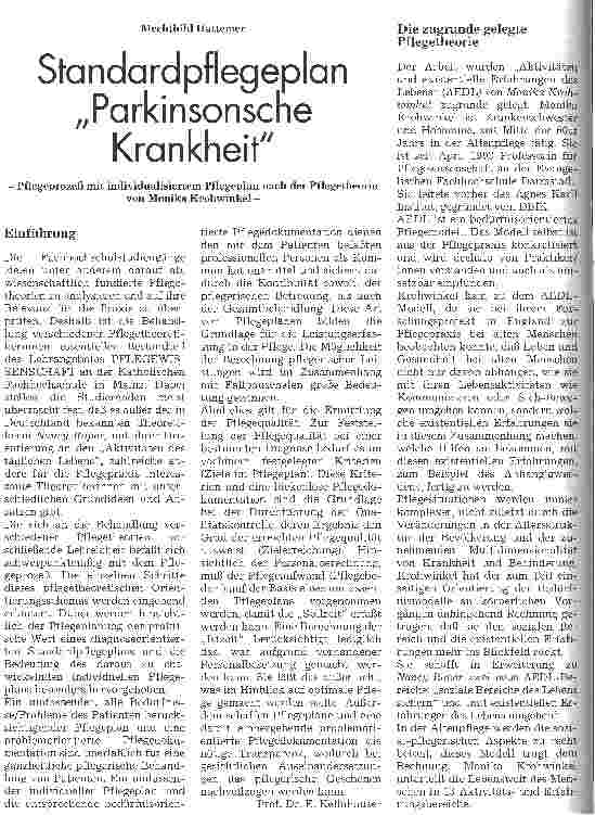 Vorschauseite 1: Standardpflegeplan Parkinsonsche Krankheit - Pflegeprozeß mit individualisiertem Pflegeplan nach der Pflegetheorie von Monika Krohwinkel