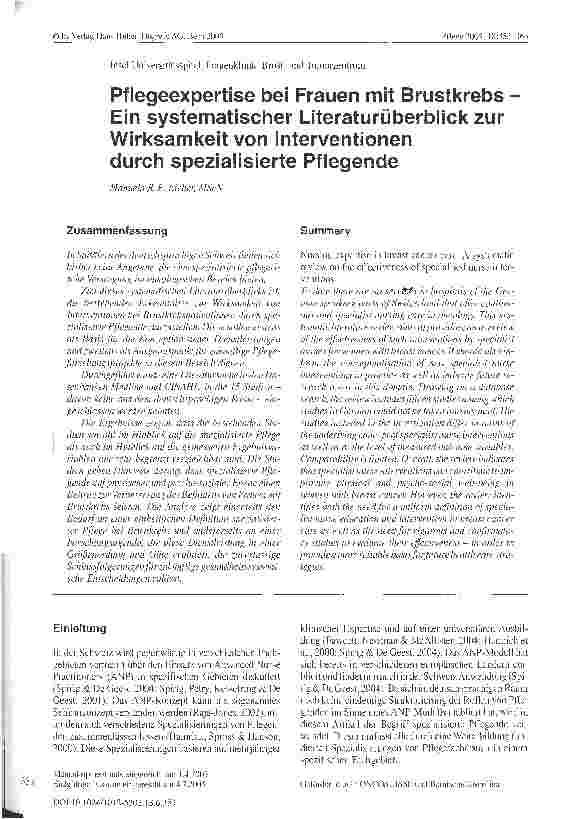 Vorschauseite 1: Pflegeexpertise bei Frauen mit BrustkrebsEin systematischer Literaturüberblick zur Wirksamkeit von Interventionen durch spezialisierte Pflegende