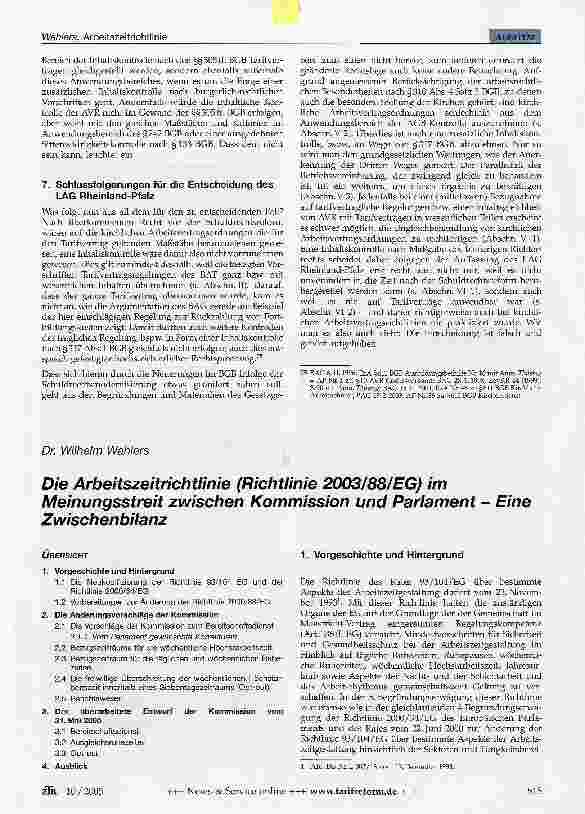 Vorschauseite 1: Die Arbeitszeitrichtlinie (Richtlinie 2003/88/EG) im Meinungsstreit zwischen Kommission und Parlament - Eine Zwischenbilanz