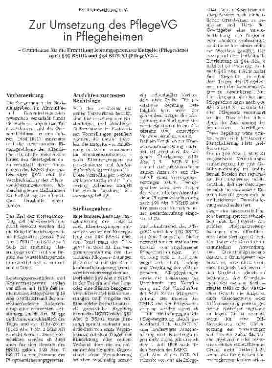 Vorschauseite 1: Zur Umsetzung des PflegeVG in Pflegeheimen - Grundsätze für die Ermittlung leistungsgerechter Entgelte (Pflegesätze) nach § 93 BSHG und § 84 SGB XI (PflegeVG) -
