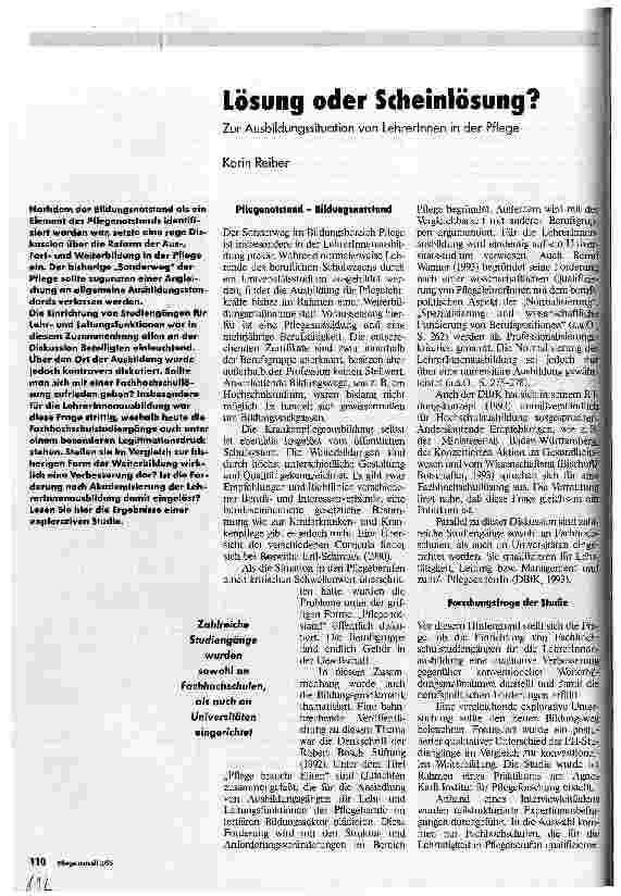 Vorschauseite 1: Lösung oder Scheinlösung? Zur Ausbildungssituation von Lehrerinnen in der Pflege