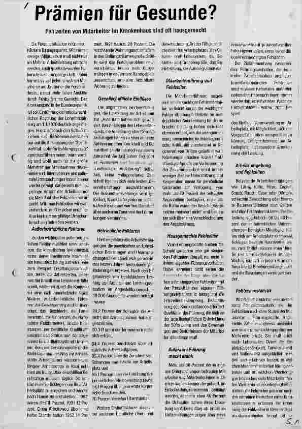 Vorschauseite 1: Prämien für Gesunde? Fehlzeiten von Mitarbeitern im Krankenhaus sind oft hausgemacht