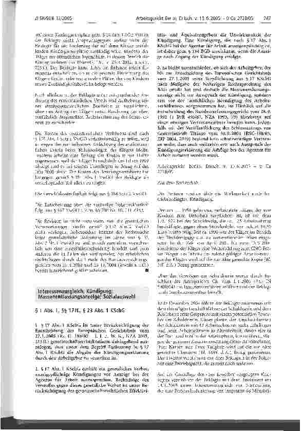 Vorschauseite 1: Interessenausgleich; Kündigung; Massenentlassungsanzeige; Sozialauswahl § 1 Abs. 1, §§ 17 ff. , § 23 Abs. 1 KSchG