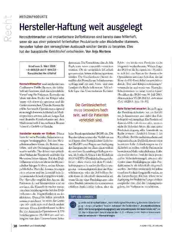 Vorschauseite 1: Hersteller-Haftung weit ausgelegt