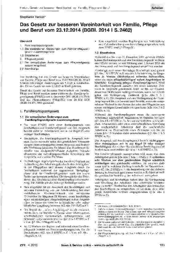 Vorschauseite 1: Das Gesetz zur besseren Vereinbarkeit von Familie, Pflege und Beruf vom 23.12.2014 (BGBI. 2014 I S.2462)