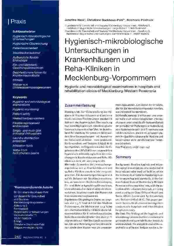 Vorschauseite 1: Hygienisch-mikrobiologische Untersuchungen in Krankenhäusern und Reha-Kliniken in Mecklenburg-Vorpommern