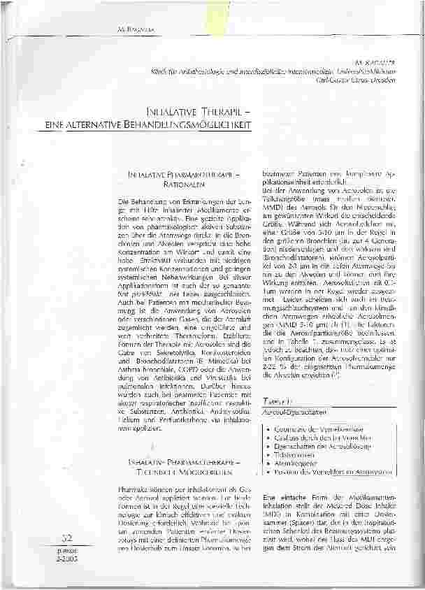 Vorschauseite 1: INHALATIVE THERAPIE-EINE ALTERNATIVE BEHANDLUNGSMÖGLICHKEIT