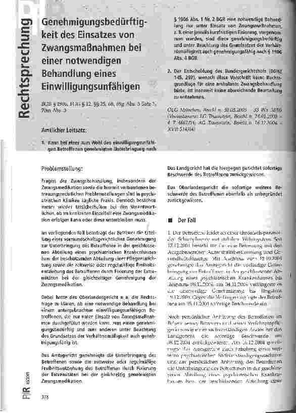 Vorschauseite 1: Genehmigungsbedürftigkeit des Einsatzes von Zwangsmaßnahmen bei einer notwendigen Behandlung eines Einwilligungsunfähigen
