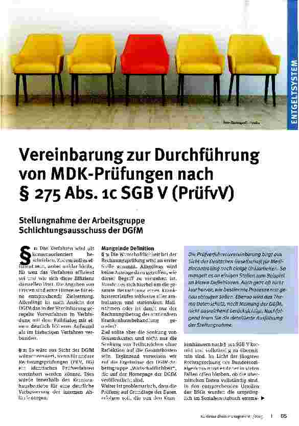 Vorschauseite 1: Vereinbarung zur Durchführung von MDK-Prüfungen nach § 275 Abs. IC SGB V (PrüfvV)Stellungnahme der Arbeitsgruppe Schlichtungsausschuss der DGfM