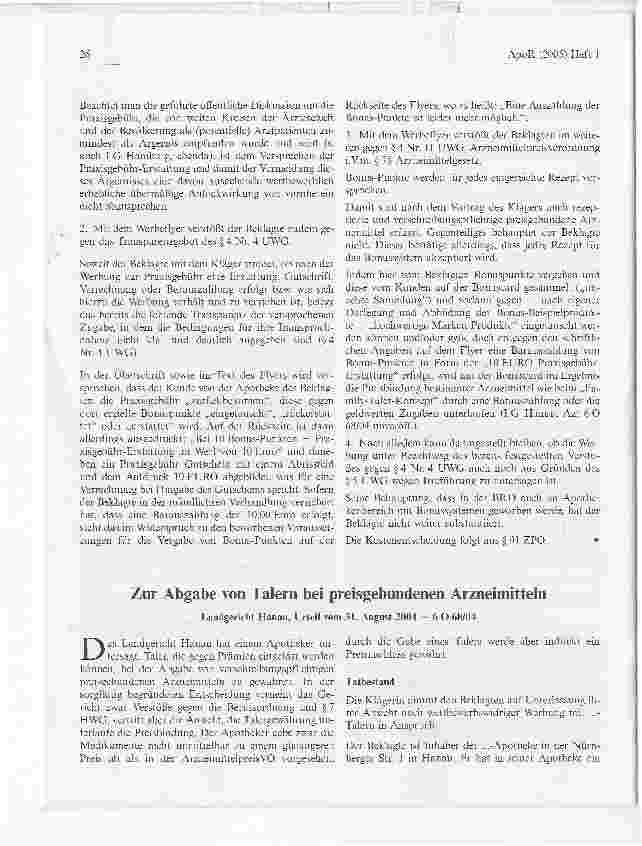 Vorschauseite 1: Zur Abgabe von Talern bei preisgebundenen ArzneimittelnLandgericht Hanau, Urteil vom 31. August 2004 - 6 O 68/04
