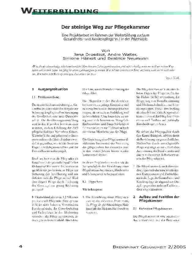 Vorschauseite 1: Der steinige Weg zur PflegekammerEine Projektarbeit im Rahmen der Weiterbildung zur/zum Gesundheitsund Krankenpflegerin / in der Psychiatrie