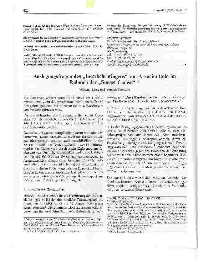 Vorschauseite 1: Auslegungsfragen des Inverkehrbringens von Arzneimitteln im Rahmen der Sunset Clause