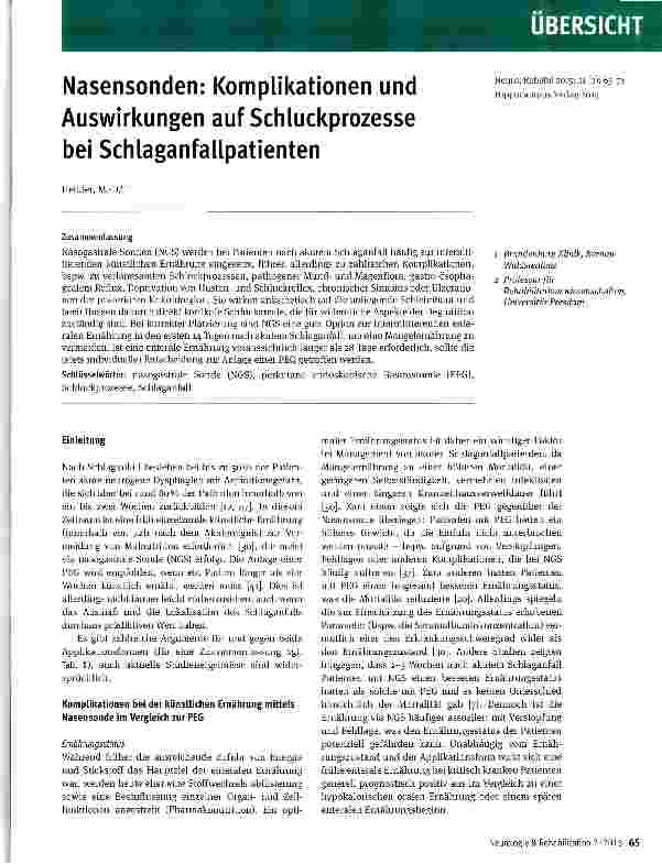 Vorschauseite 1: Nasensonden: Komplikationen und Auswirkungen auf Schluckprozesse bei Schlaganfallpatienten