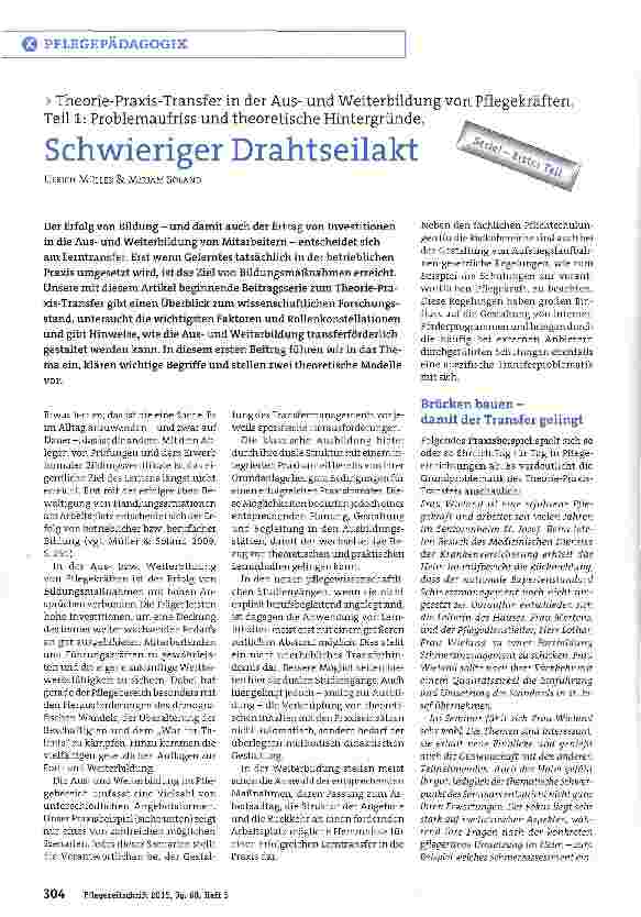 Vorschauseite 1: Theorie-Praxis-Transfer in der Ausund Weiterbildung von Pflegekräften. Teil 1: Problemaufriss und theoretische Hintergründe. Schwieriger Drahtseilakt